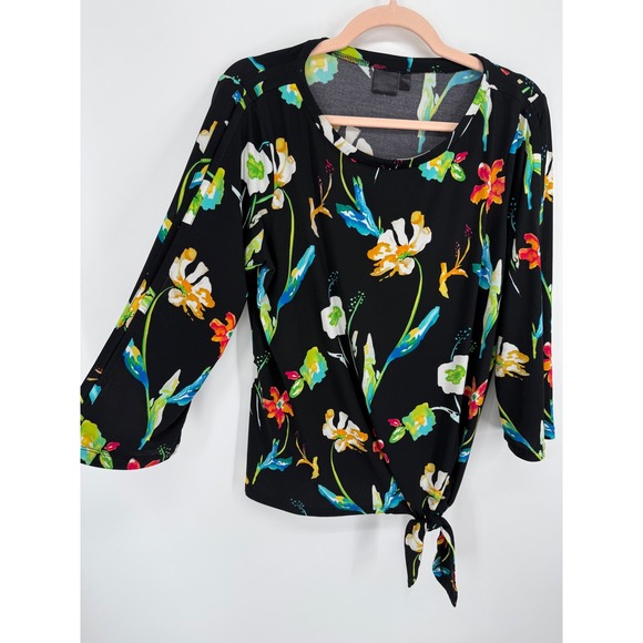 Rafaella Tops - Rafaella Floral Tie Front Top Womens Medium Black Split Sleeve Scoop Neck Blouse